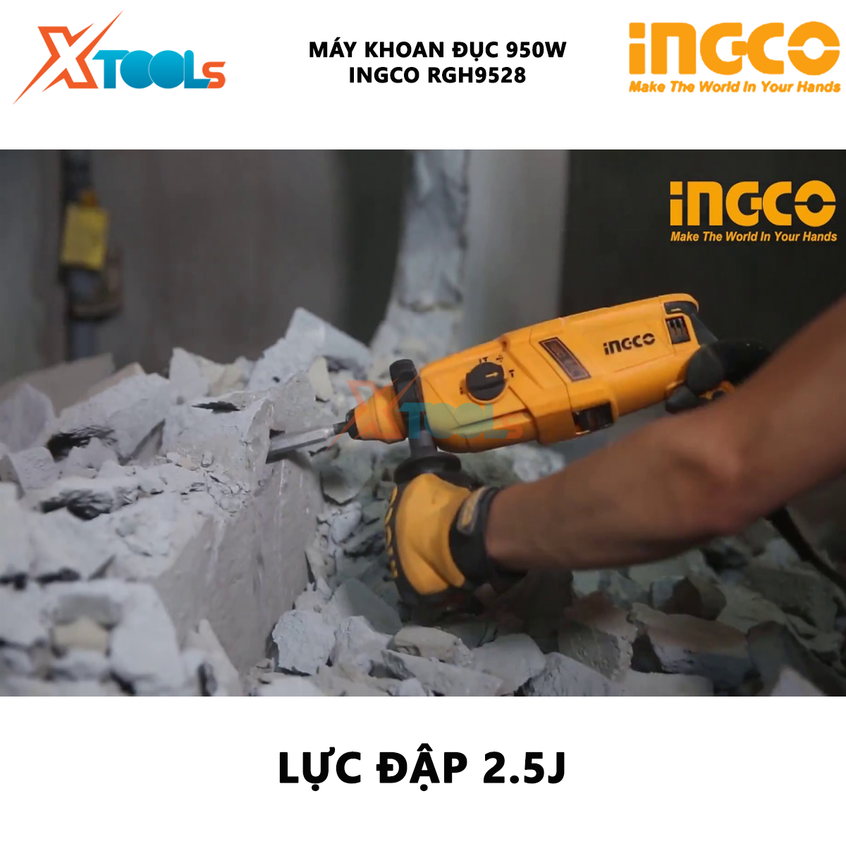 Máy khoan búa 3 chức năng 950w Ingco RGH9528 đầu gài sds plus lực búa 2,5j, kèm 3 mũi khoan và 2 mũi đục Máy khoan đục bê tông XTOOLs