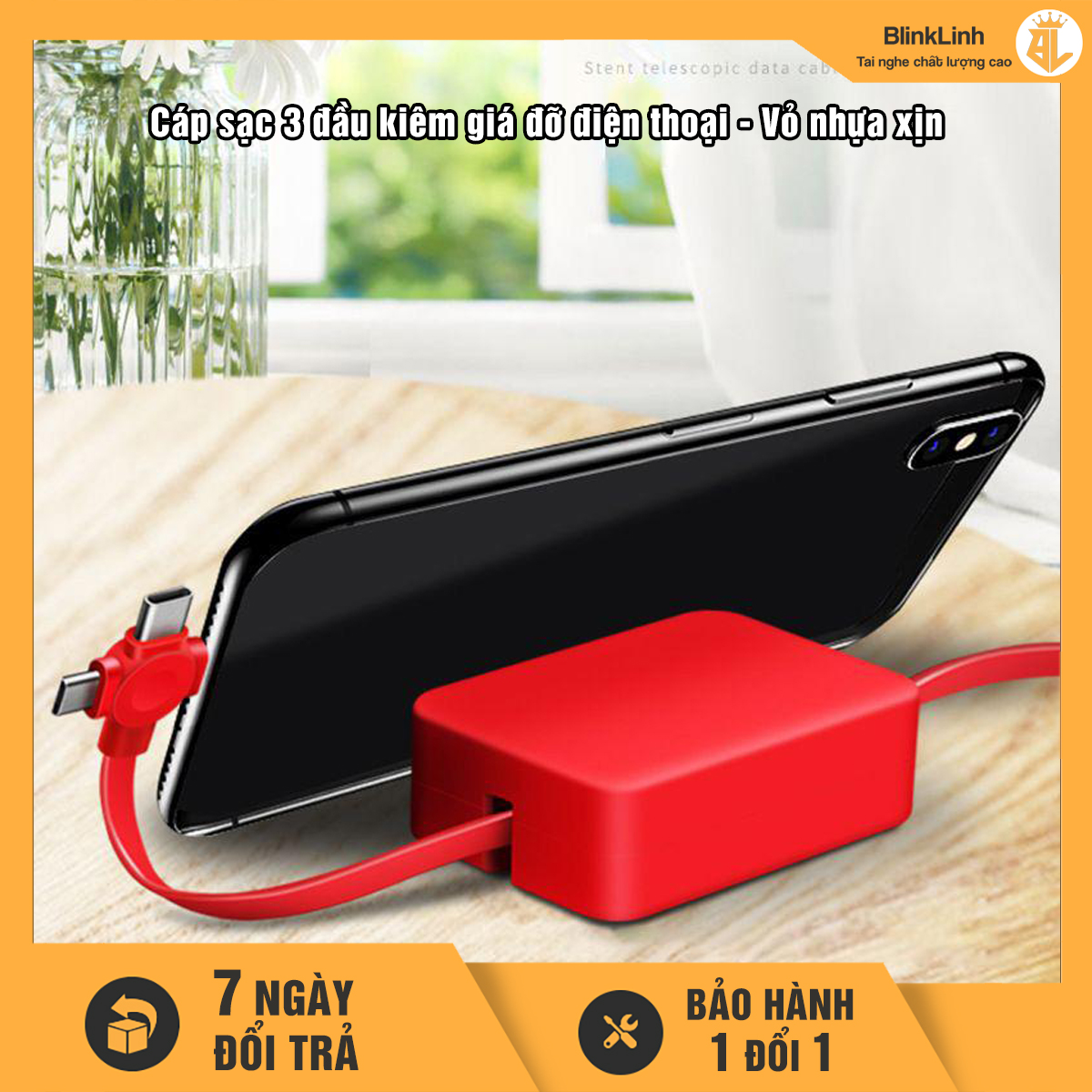 Giá đỡ điện thoại kiêm cáp sạc 3 đầu, sạc siêu nhanh, đa năng, gọn gàng, tiện dụng