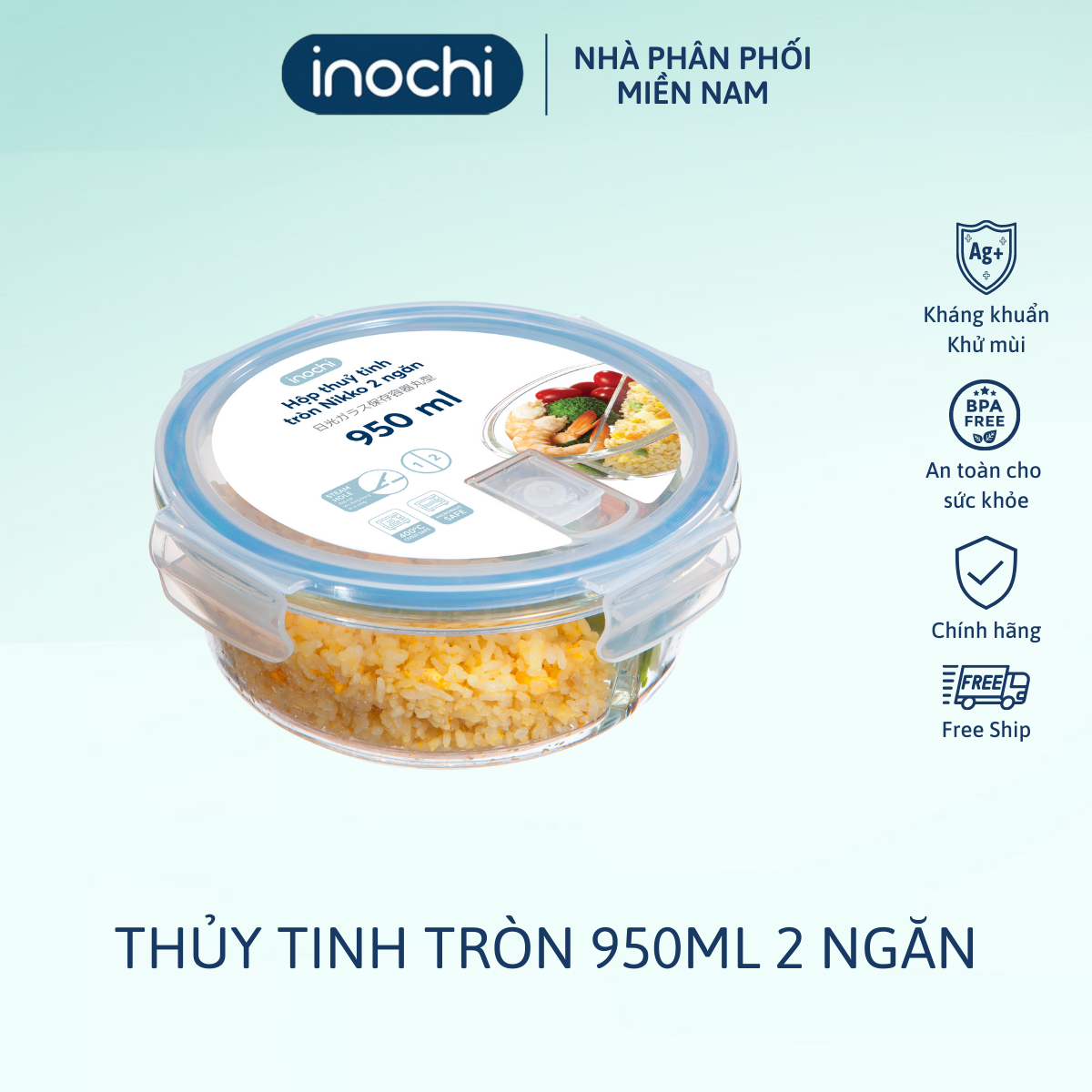 Hộp thuỷ tinh tròn Nikko 950 ml (2 ngăn)