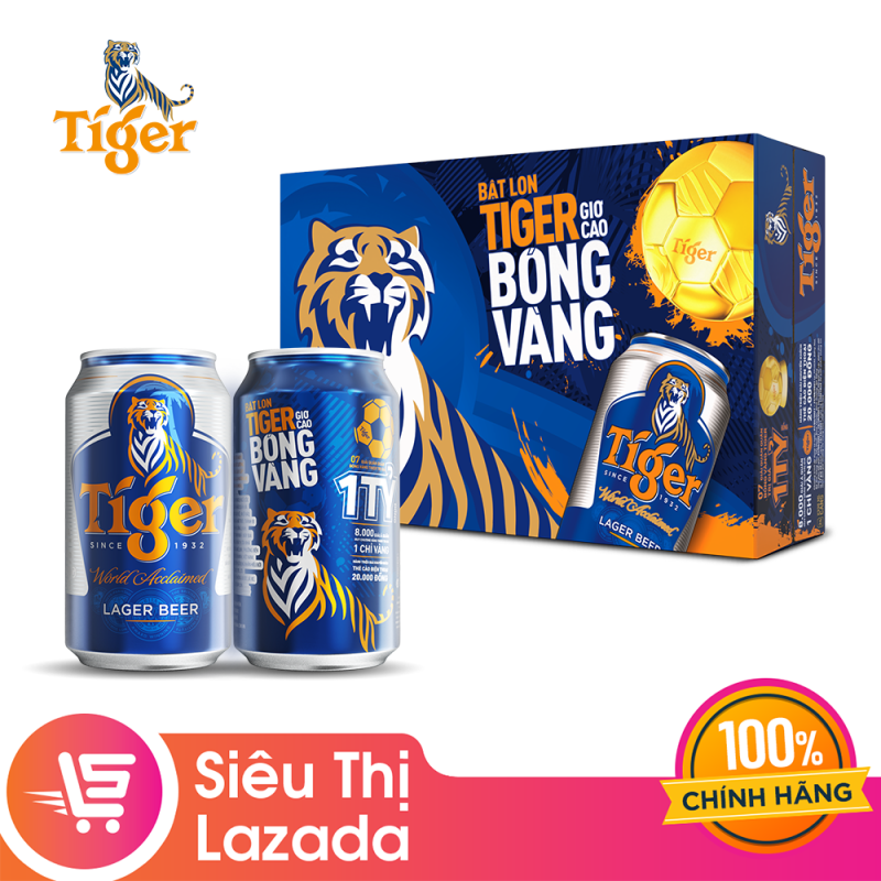 Thùng 24 lon bia Tiger (Bật lon Tiger giơ cao bóng vàng) 330ml/lon - Tiger Can case 24x33cl 13Camp VN