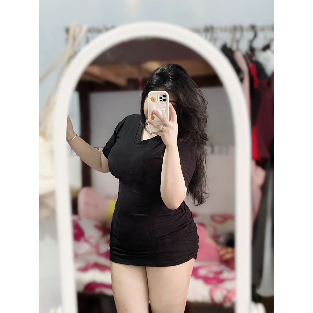 Đầm body cổ tim, nhún thun 2 bên nữ bigsize