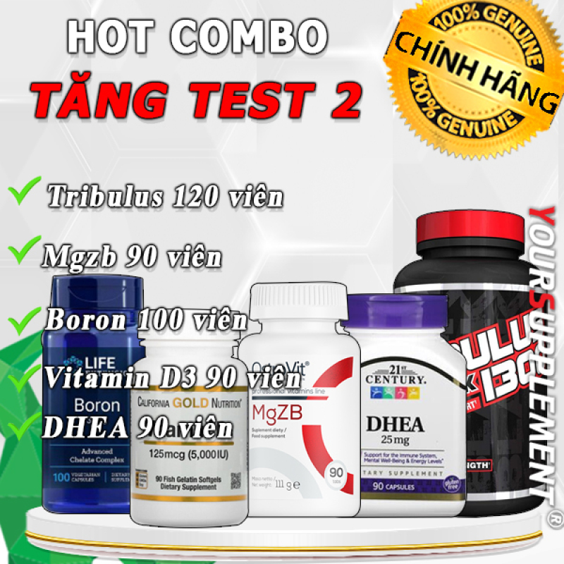 Combo tăng test 2: Tribulus 120 viên + Mgzb 90 viên + Boron 100 viên + Vitamin D3 90 viên + DHEA 90 viên nhập khẩu