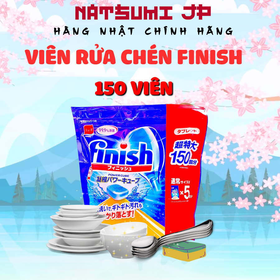 Viên rửa chén bát Finish Power Cube Nhật Bản ( túi 150 viên) dành cho máy rửa bát