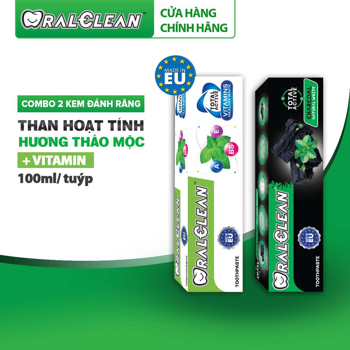 Bộ 2 Kem Đánh Răng Trắng Răng OralClean Than Hoạt Tính Và Vitamin 100ml/Tuýp