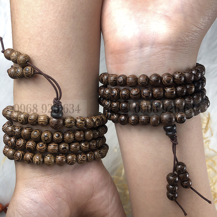 Tràng đeo tay 108 hạt gỗ mun vân lông công - Chuỗi đeo tay gỗ 108 hạt 6 ly - Vòng phong thủy quấn tay mang lại bình an và may mắn