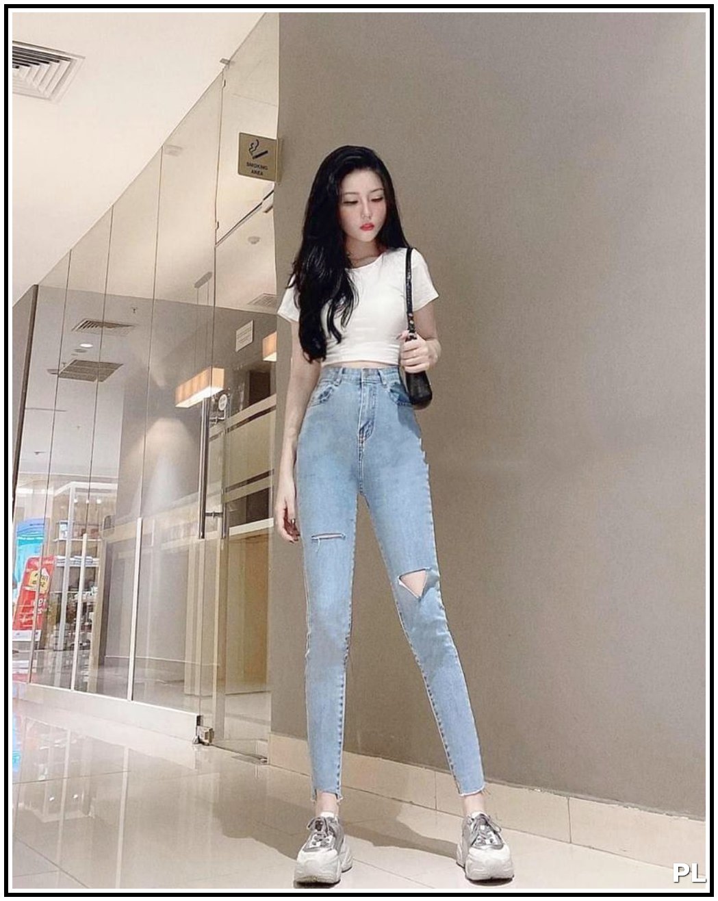 Quần jean nữ lưng cao rách xẻ gối phối rách lai 1 bên  ( XANH NHẠT ) mẫu mới S16