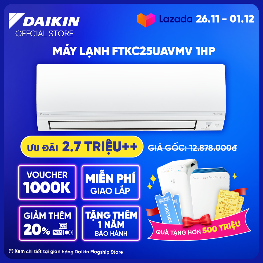 [Trả góp 0%]Máy Lạnh Daikin Inverter FTKC25UAVMV - 1HP (9000BTU) Tiết kiệm điện vượt trội - Luồng gió Coanda - Tinh lọc không khí - Khử ẩm 25% - Độ bền cao - Chống ẩm mốc - Chống ăn mòn - Làm lạnh nhanh - Hàng chính hãng