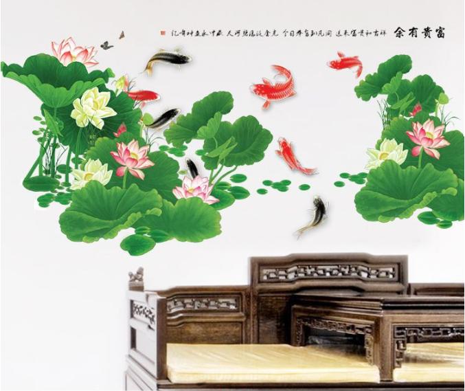 [HCM]Decal trang trí tường - Hồ Sen đậm lớn và đàn cá KOI