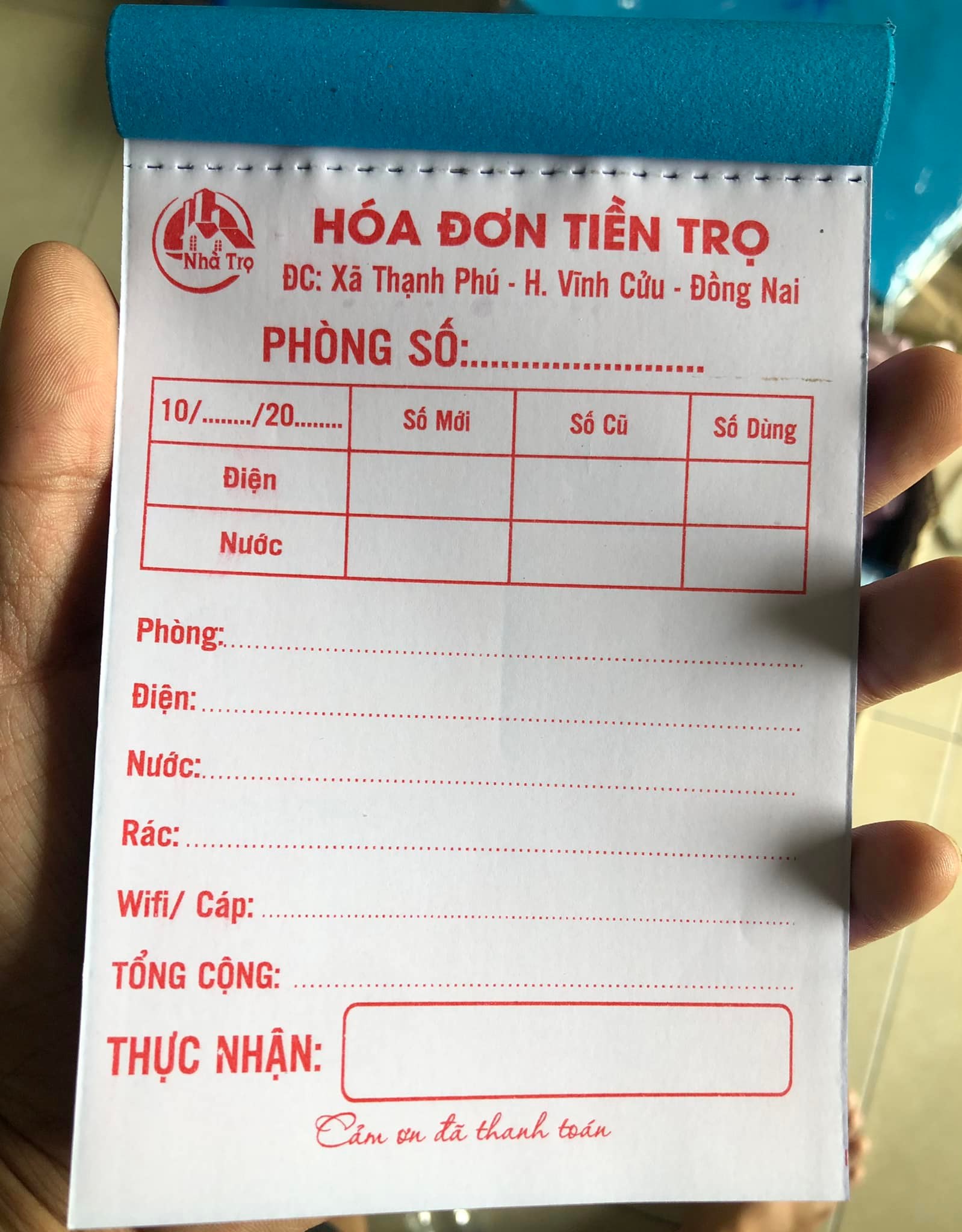 HÓA ĐƠN THU TIỀN NHÀ TRỌ