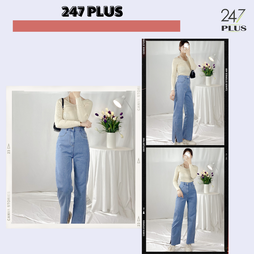 Quần Jean Dáng Suông Xẻ Gấu 2 Màu 247Plus