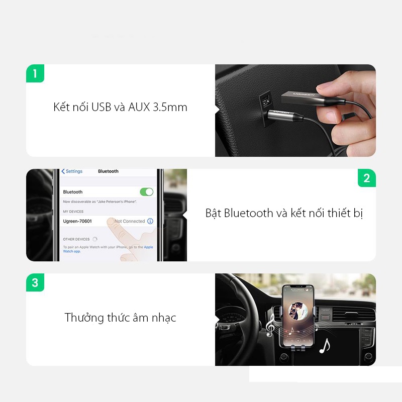 Thiết bị nhận Bluetooth 5.0 Music Receiver Ugreen 70601 (Hỗ trợ Mic dùng trên Ôtô) Chính Hãng