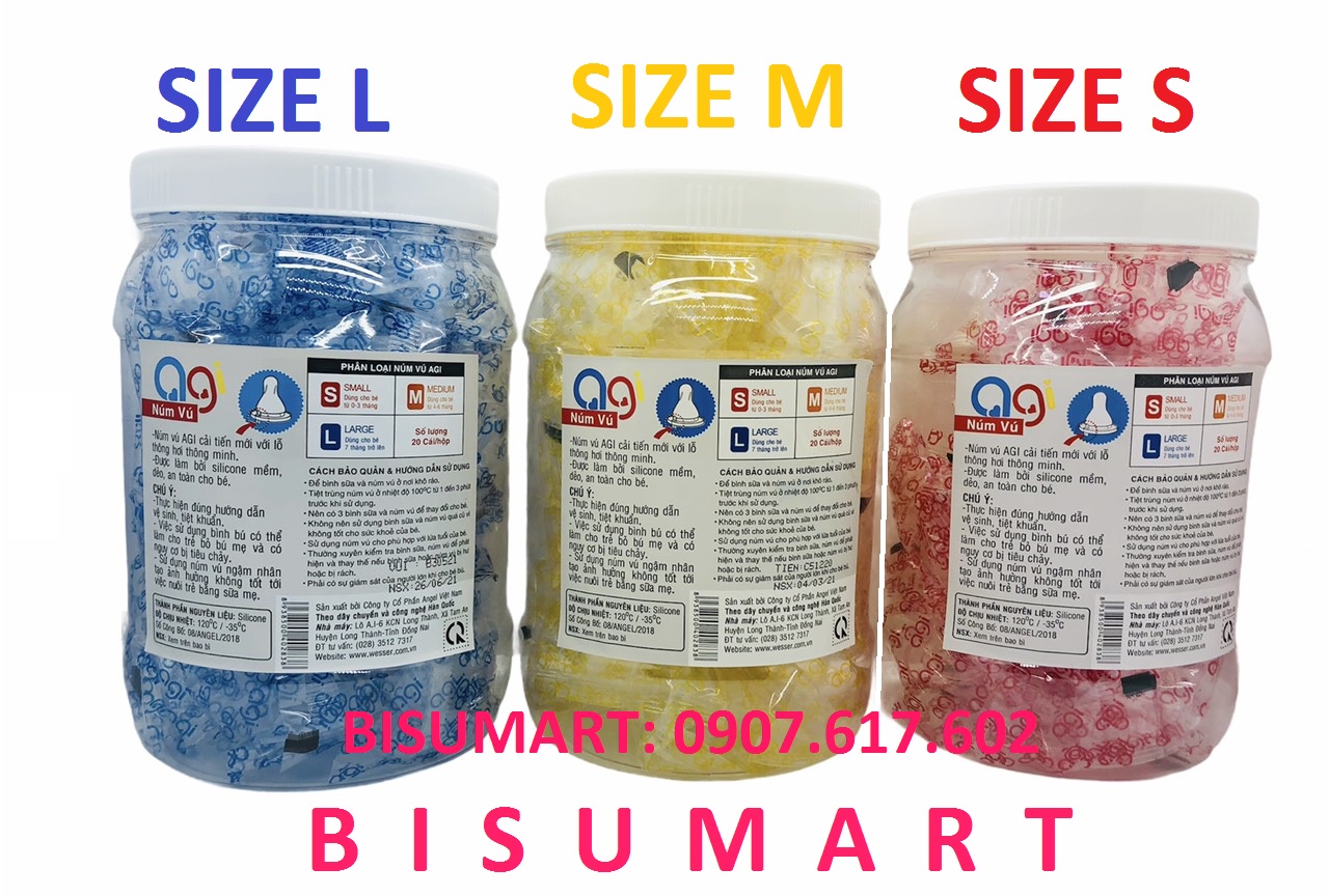 Hộp 20 Cái Núm Vú Cổ Hẹp silicon mềm cho bé AGI Size S M L