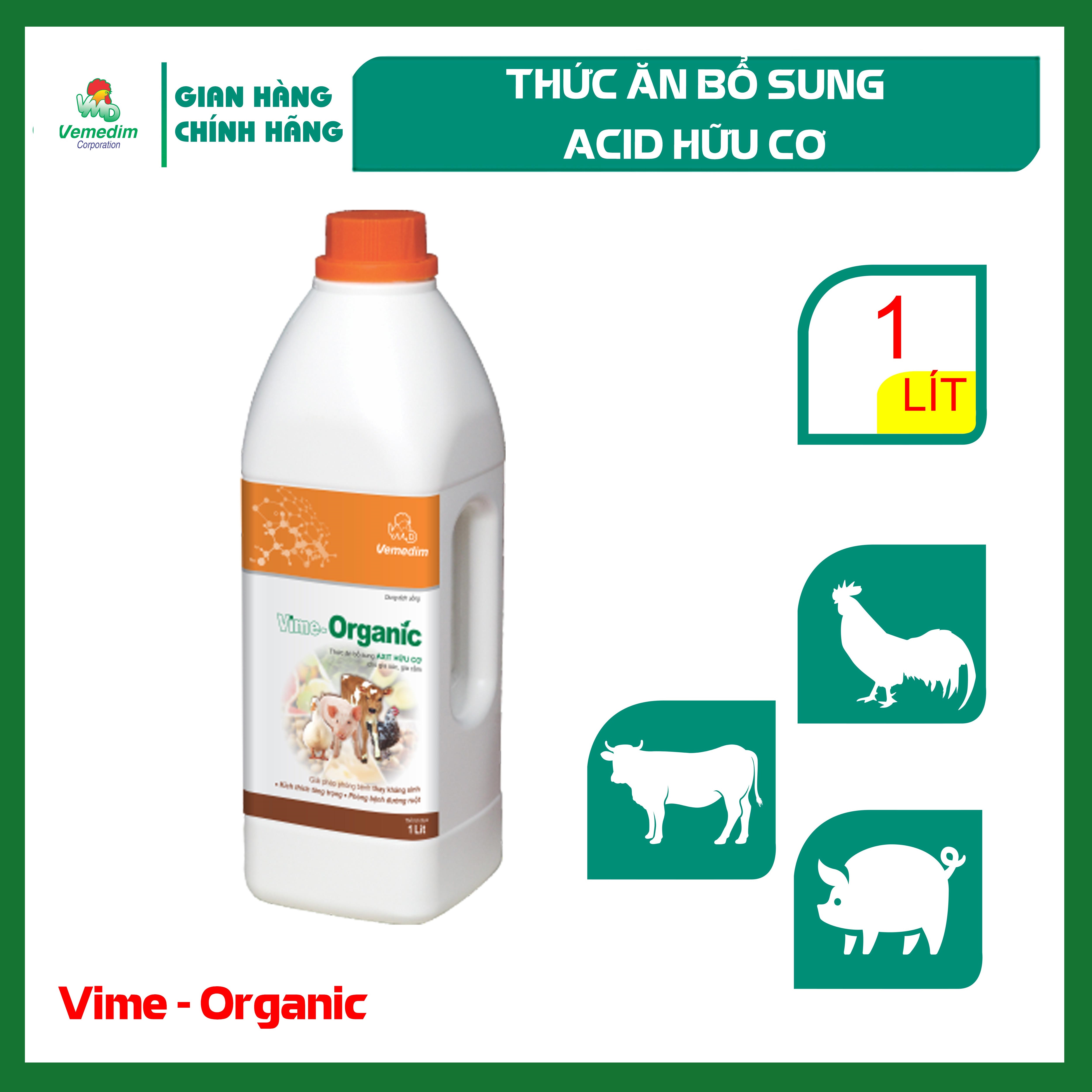 "Hoàn tiền đến 10%" Vemedim Vime-Organic thức ăn bổ sung axit hữu cơ cho gia súc, gia cầm, giải pháp phòng bệnh thay kháng sinh, chai 1lit