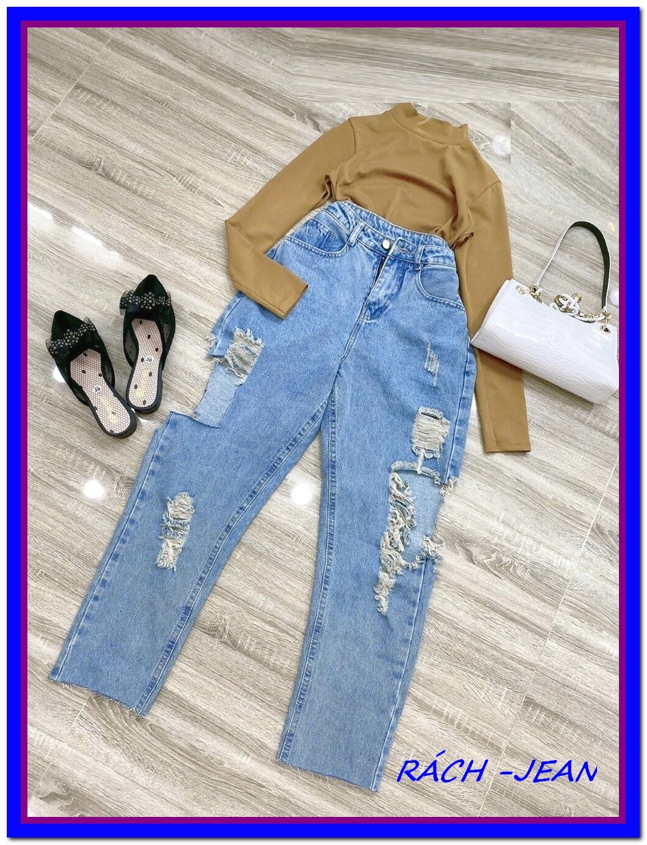 Quần jean nữ BAGGY RÁCH KIỂU HỞ ĐÙI xanh nhạt xịn xò , quần bò 9 tấc nữ chất jean vải đứng R31