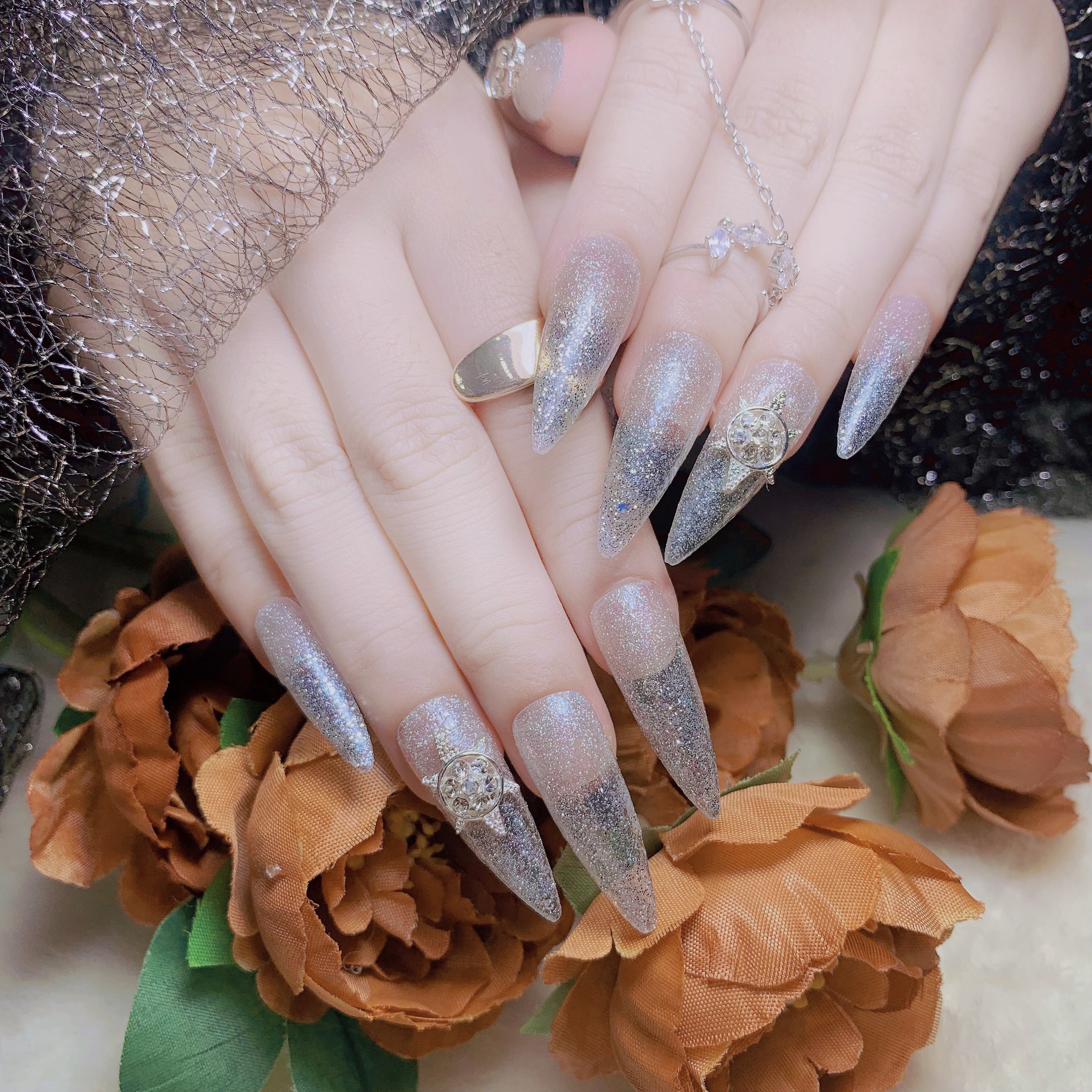 nail box, móng tay giả dài nhọn đính charm đá (tặng kèm keo dán dũa)