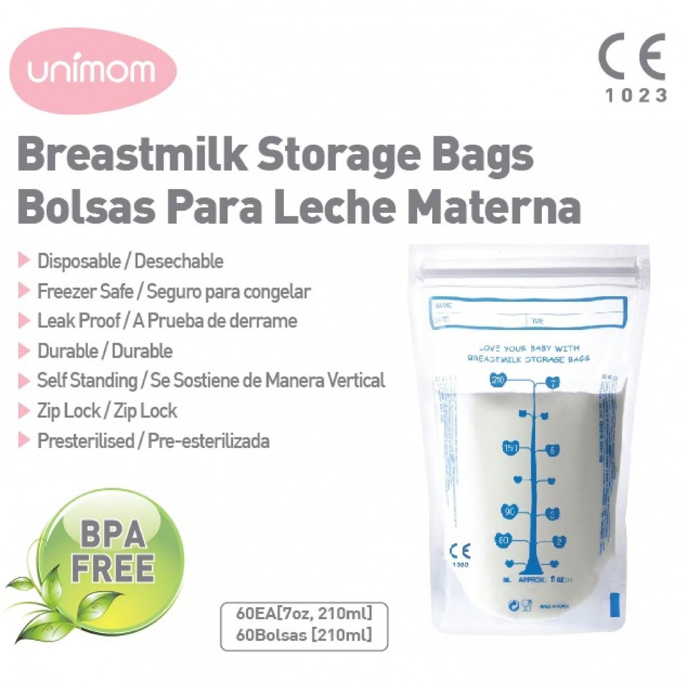 Túi trữ sữa Unimom 210ml 60 túi chất liệu an toàn BPA free hai lớp rất chắc chắn an toàn khóa zipper ở miệng túi