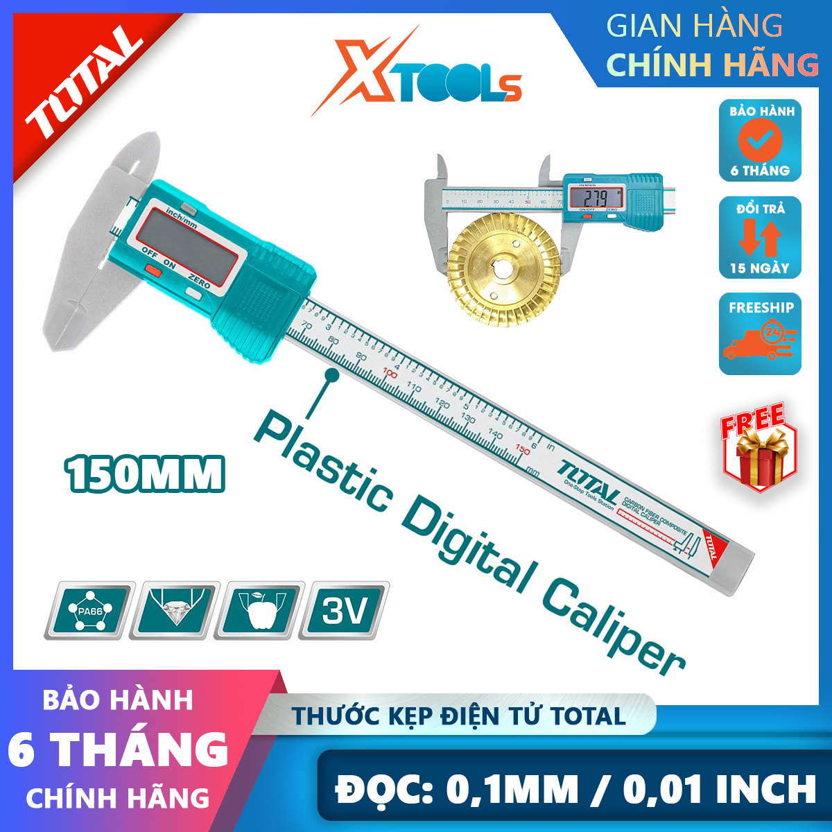 Total tmt331501 electronic vernier caliper, 0-150mm plastic body caliper, using 3A battery, Vernier made of polyamide 66 plastic