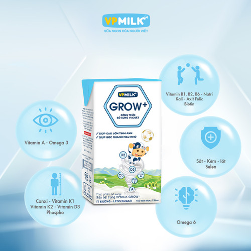 [Thùng 48 Hộp 180ml] Sữa Tiệt Trùng VPMilk Grow+ Ít Đường Cho Bé Từ 1 Tuổi
