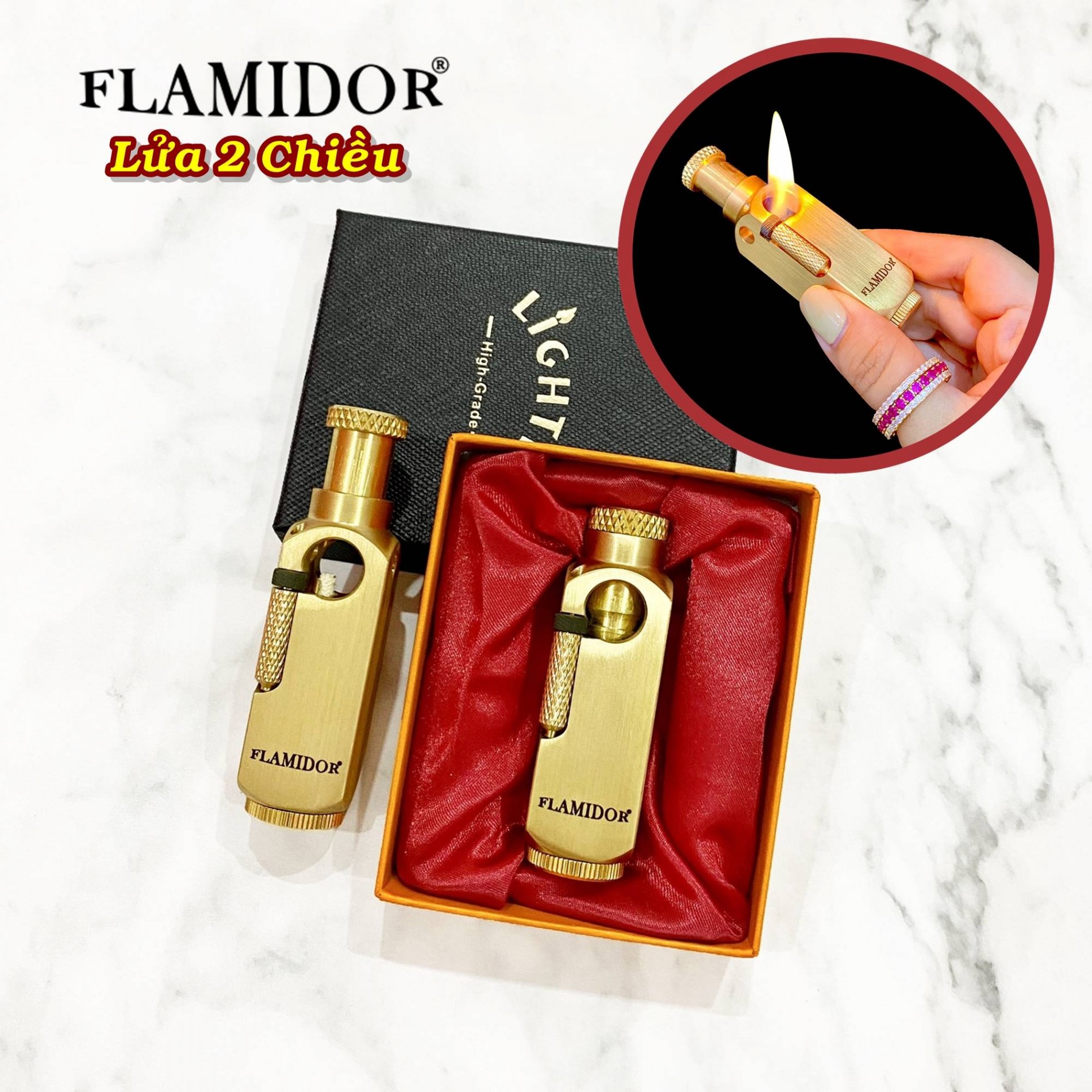 BẬT LỬA XĂNG ĐÁ KIM LOẠI NGUYÊN KHỐI FLAMIDOR LỬA 2 CHIỀU