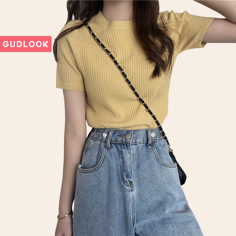 Áo Len Thun Tăm GUDLOOK basic nhiều màu cổ tròn tay ngắn chất tăm len