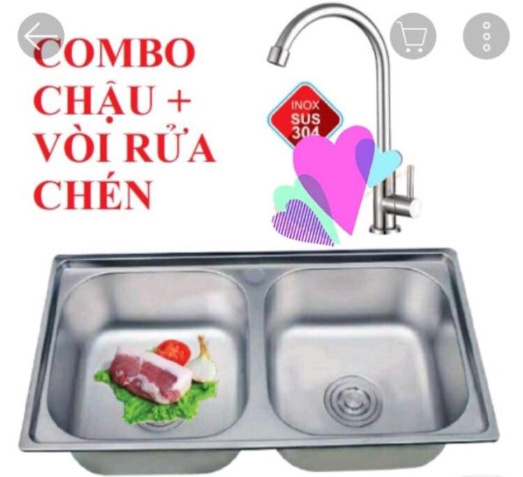 Combo chậu chén +vòi rửa chén inox 304+ dây cap nước 6 tất