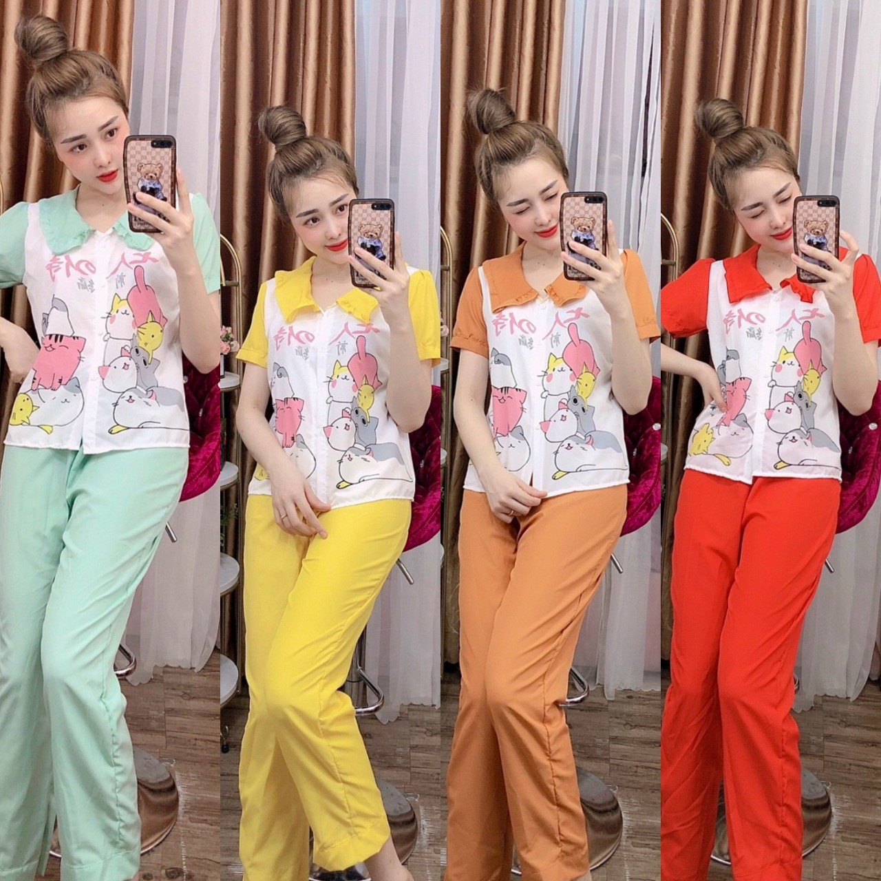 Đồ Bộ Pijama Dài Phối Hai Túi Tiểu Thư Xinh Xắn Vải LỤA HÀN Mềm Mịn Thoáng Mát Freesize Dưới 57kg