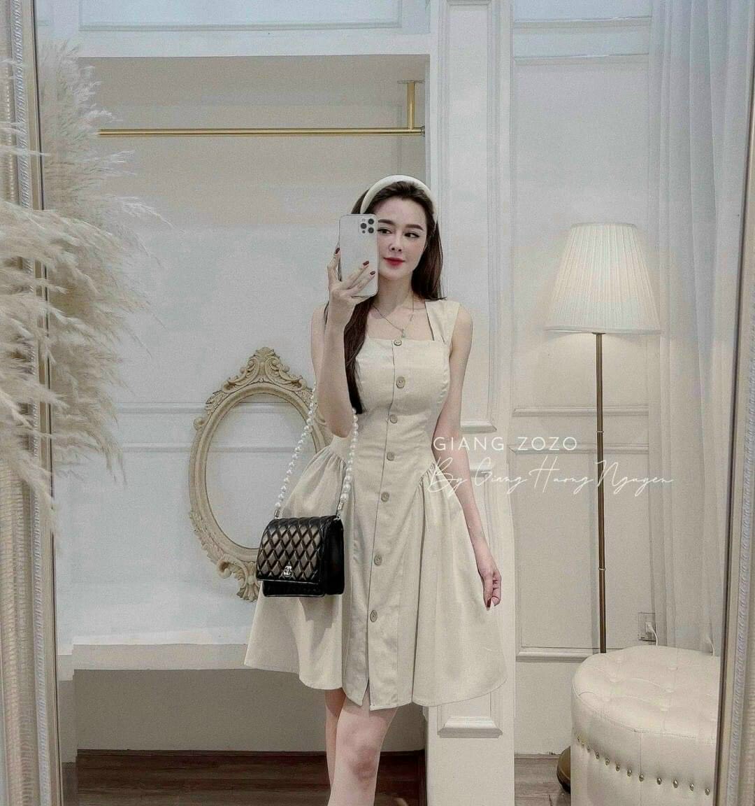 Đầm hai dây ôm eo dáng xòe bồng, đầm cổ vuông đính nút, váy xòe bồng Hàn Quốc mặc đi chơi, đầm đi tiệc dáng xòe, đầm đính nút vintage thanh lịch, váy mặc đi chơi hai dây màu hè mát mẻ