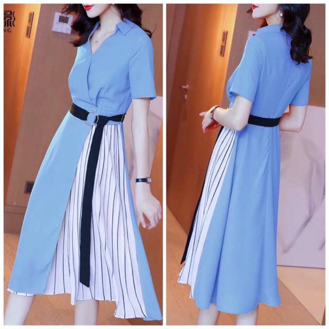 [HCM]Đầm xanh phối sọc v3 (kèm hình thật)