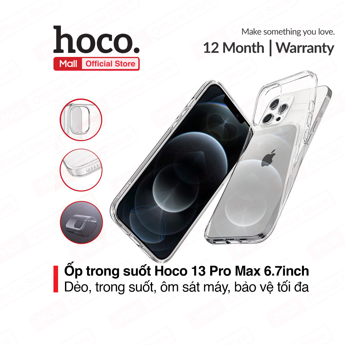 Ốp lưng trong suốt Hoco 6.7inch dành cho iPhone 13 Pro Max, chất liệu dẻo, ôm sát máy, gờ bảo vệ tối đa camera, dễ dàng tháo lắp