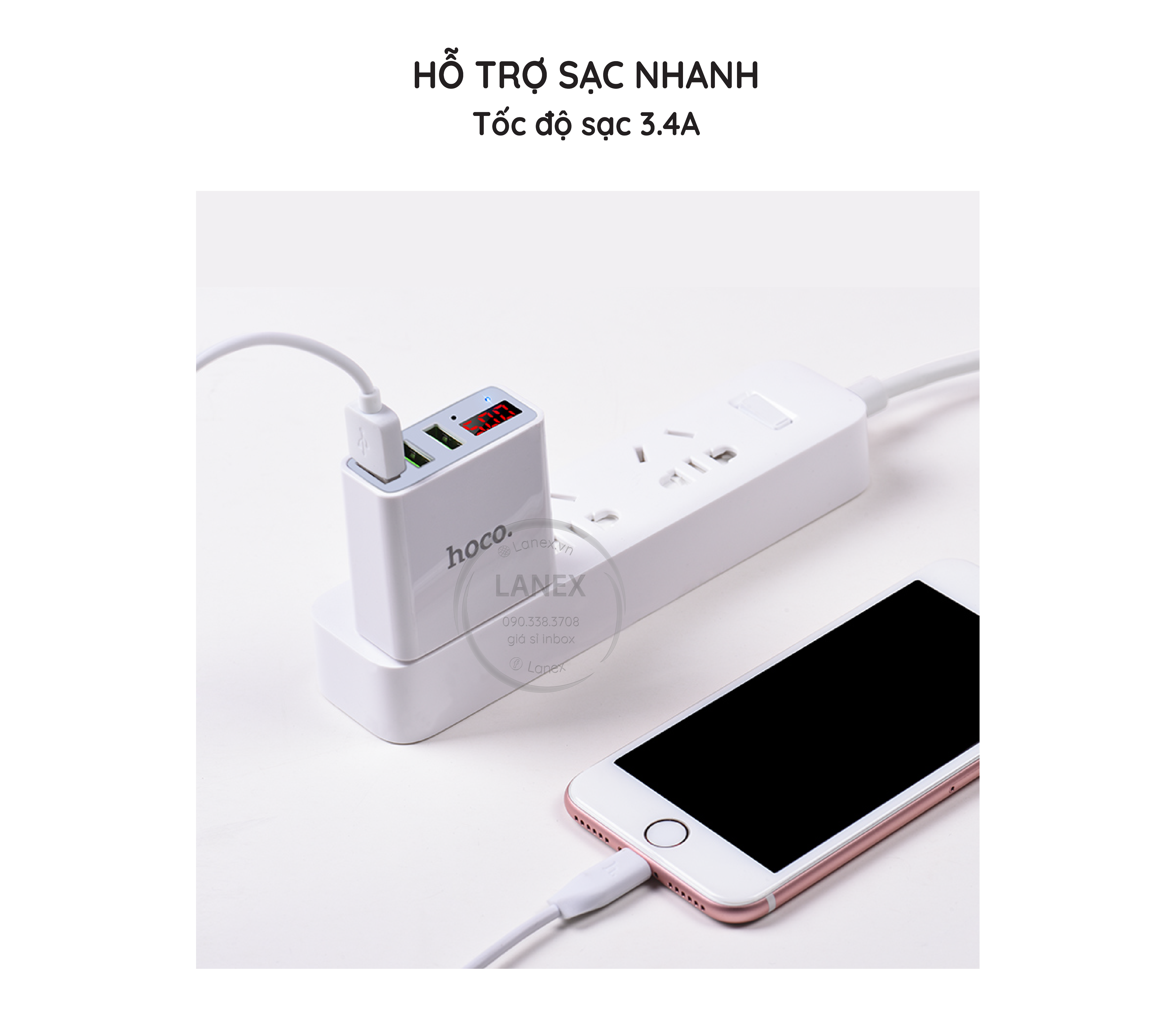 Cóc Sạc Nhanh Hoco C15 3 Cổng Usb 3.4a Màn Hình Led
