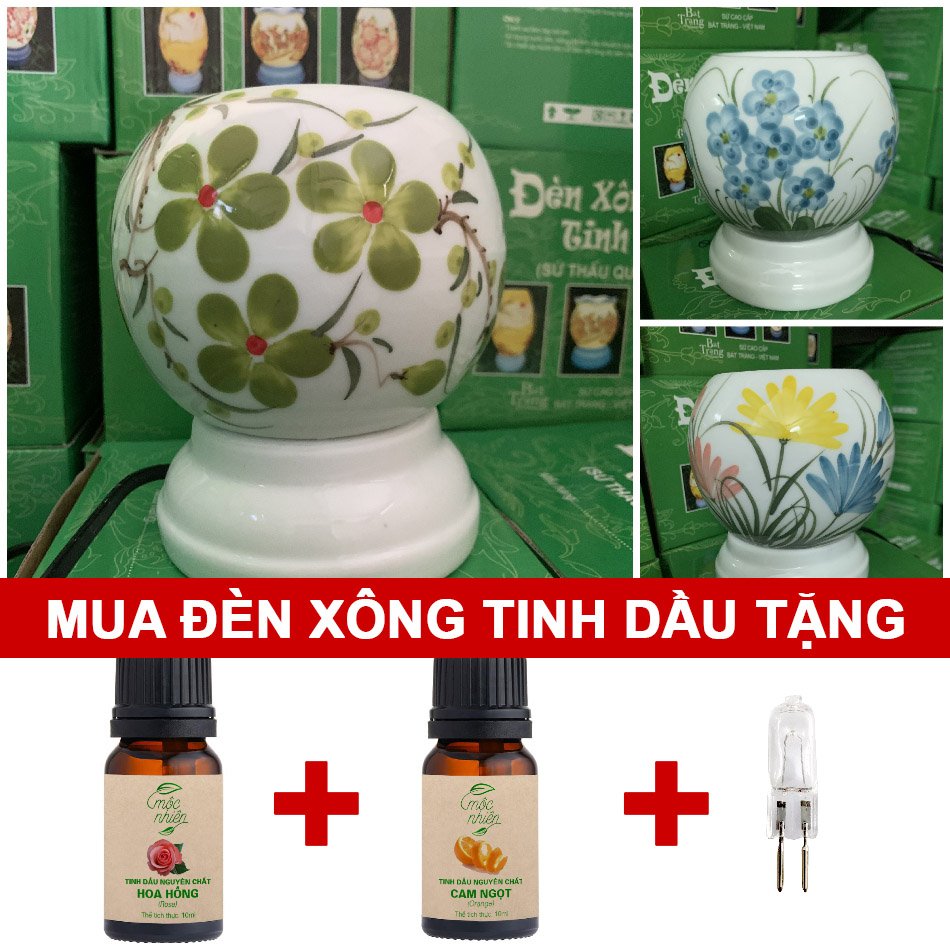 Đèn xông tinh dầu gốm Bát Tràng- Size nhỏ - Kèm 02 chai tinh dầu 10ml nguyên chất hương tùy chọn