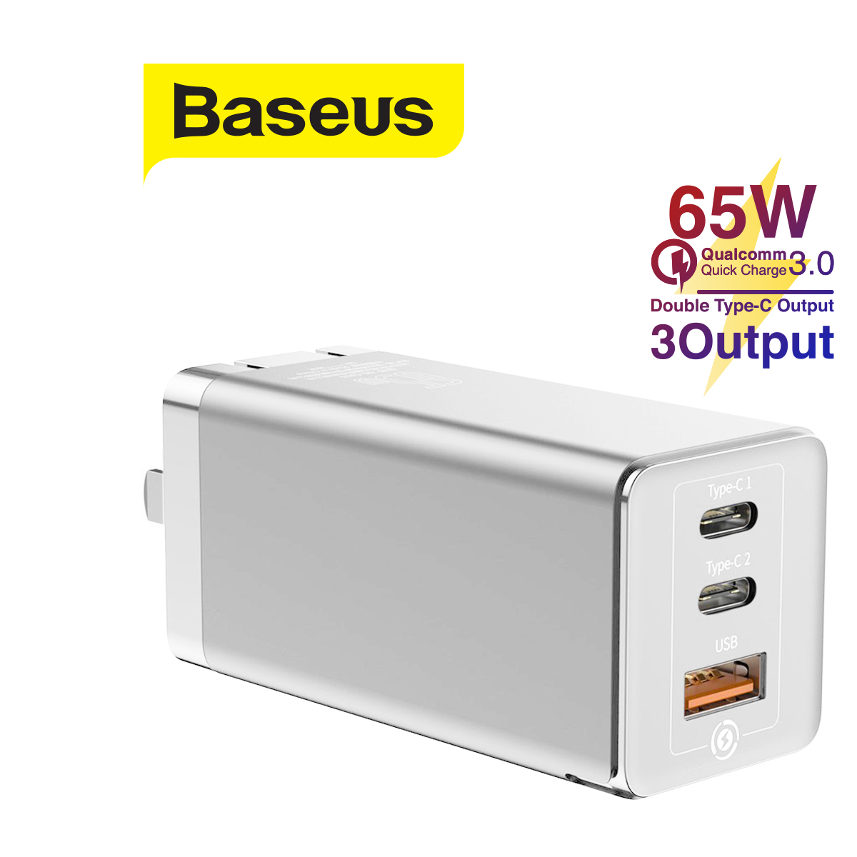 Củ sạc nhanh Baseus sạc nhanh GaN Travel Quick Charger 65W cho Smartphone/ Tablet/ iPad/ Macbook/ Laptop (Type Cx2 + USB , PD3.0/ PPS/ QC4.0/ SCP/ FCP Multi Quick Charge Protocol, GaN Technology)
