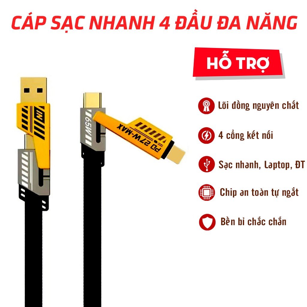 Bộ sạc 65W 3 Cổng 2 Type C 1 USB + dây sạc bọc dù 4 in 1 65W sạc cho điện thoại, máy tính bảng , sạc nhanh, an toàn