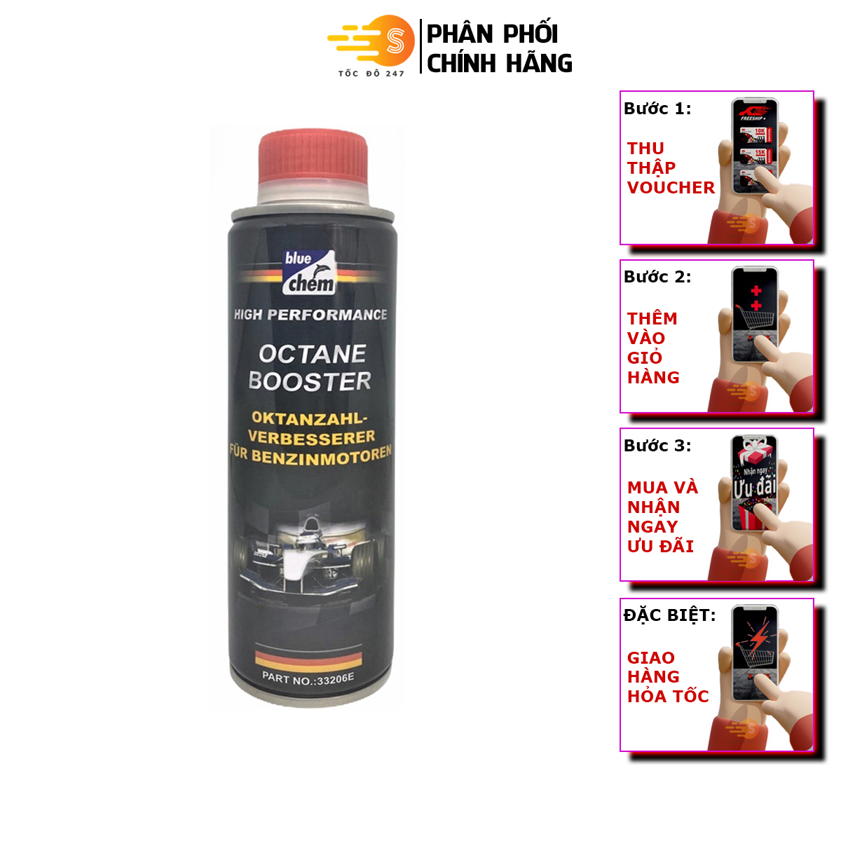 Phụ gia tăng chỉ số octane cho xăng Bluechem 33206E - Tốc độ 247 Tối ưu hiệu suất động cơ do tối ưu hóa quá trình đốt cháy nhiên liệu
