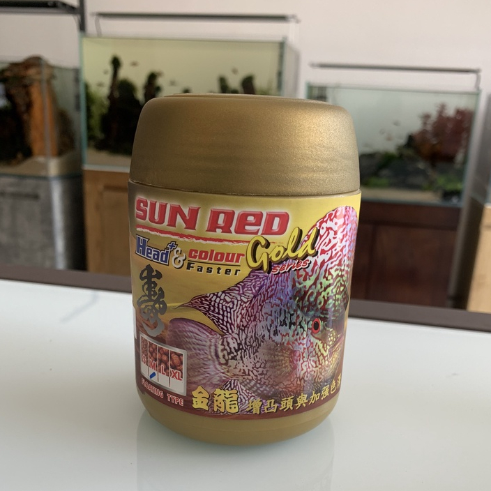Thức ăn cá la hán Sun Red Gold 120g, tăng màu gold cho cá thêm óng ánh, sáng châu, tăng trưởng đầu