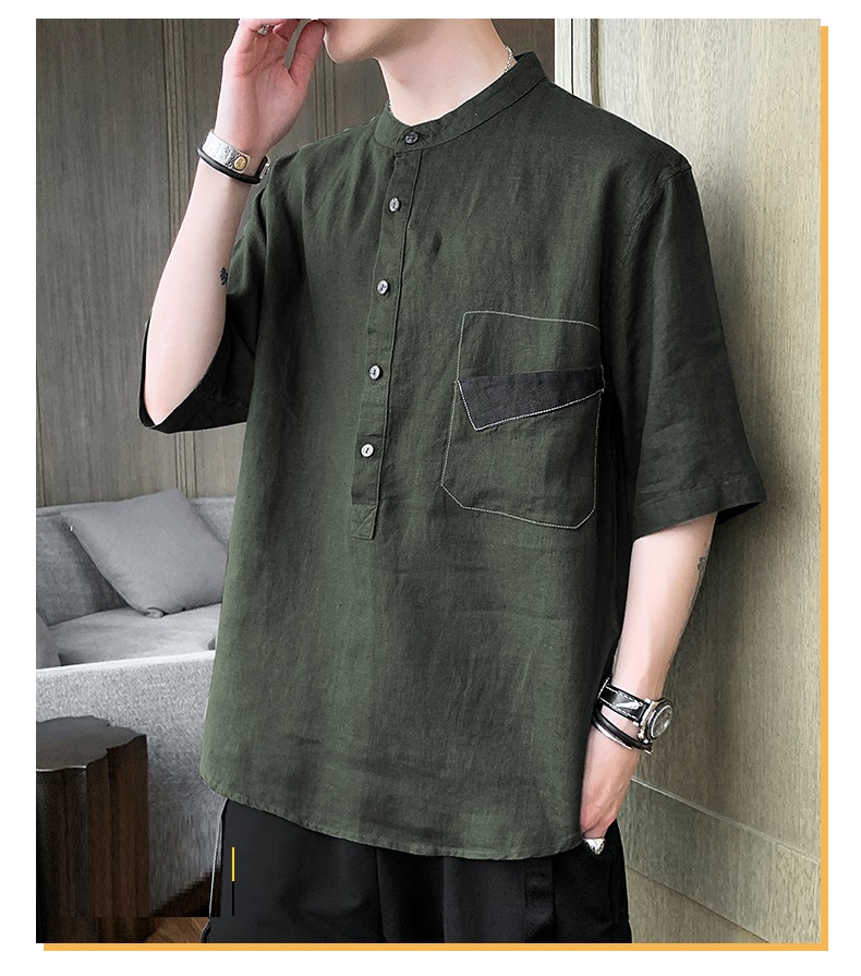 Áo sơ mi đũi nam form rộng cổ tầu 5 khuy túi ngực giả chất đũi mềm mát thời trang trẻ