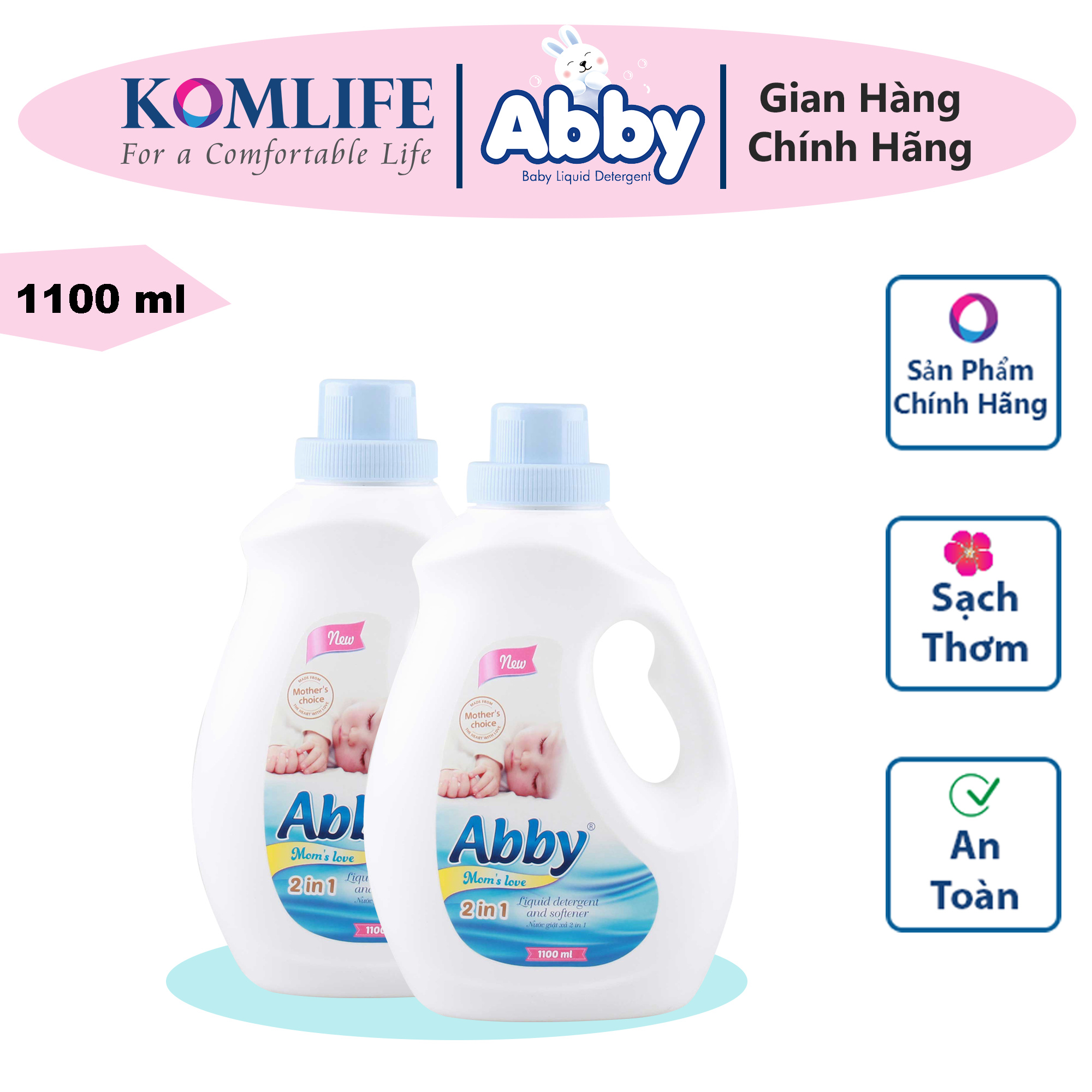 Nước giặt xả mẹ và bé 1100 ml ABBY màu Hồng an toàn, làm mềm vải
