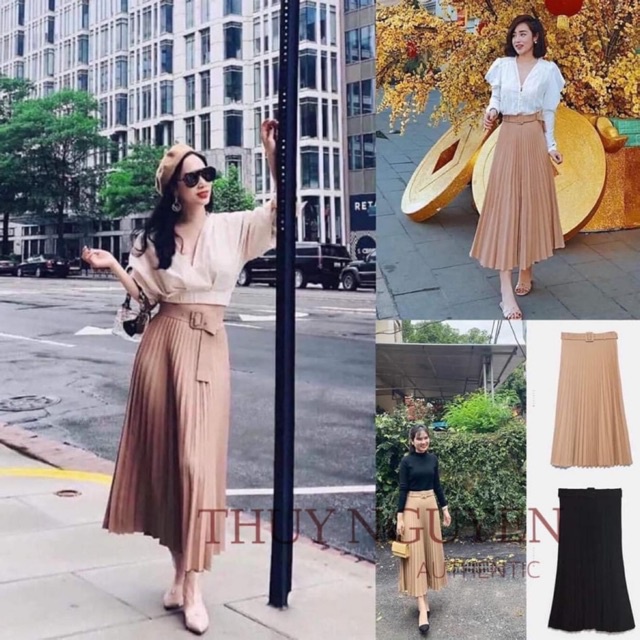 Chân váy xếp ly kèm đai váy midi ulzzang vintage dáng công sở lưng cao