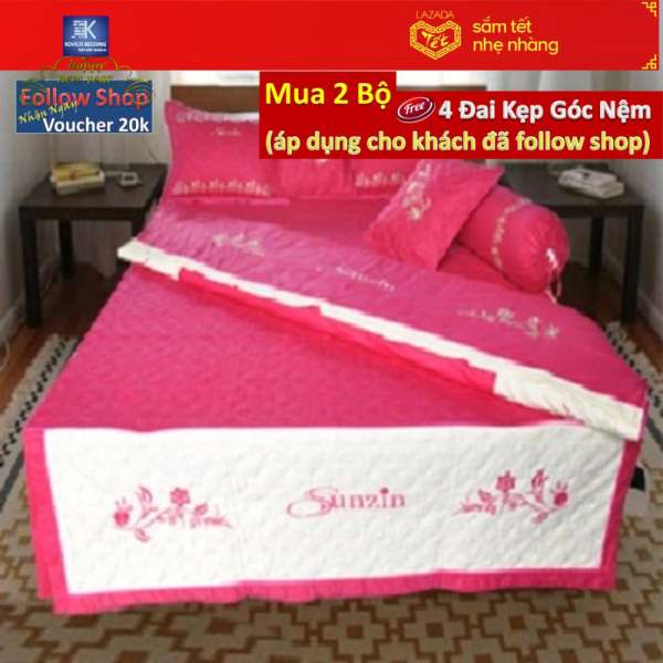 Bộ ga gối sunzin BGHD-031A Thêu họa tiết  (Hồng đậm phối kem )