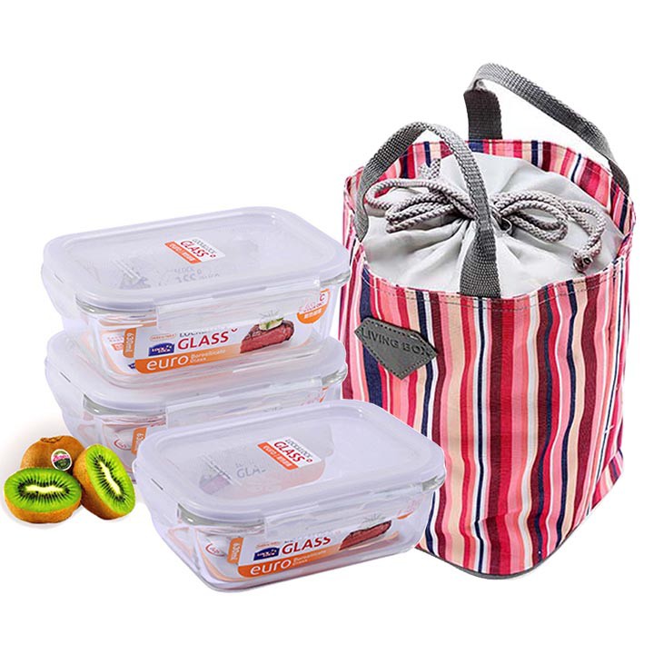 Bộ 3 Hộp Thủy Tinh Lock&Lock 630ml và túi giữ nhiệt (màu ngẫu nhiên)