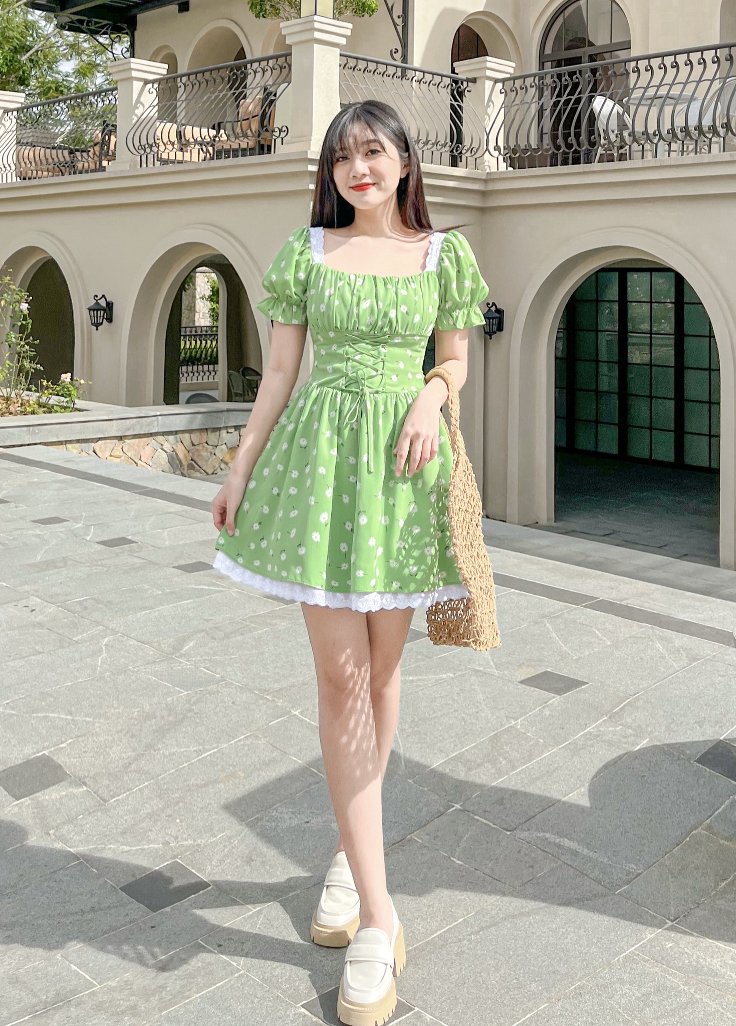 Đầm SWANY - Đầm cổ vuông đan eo tay bồng