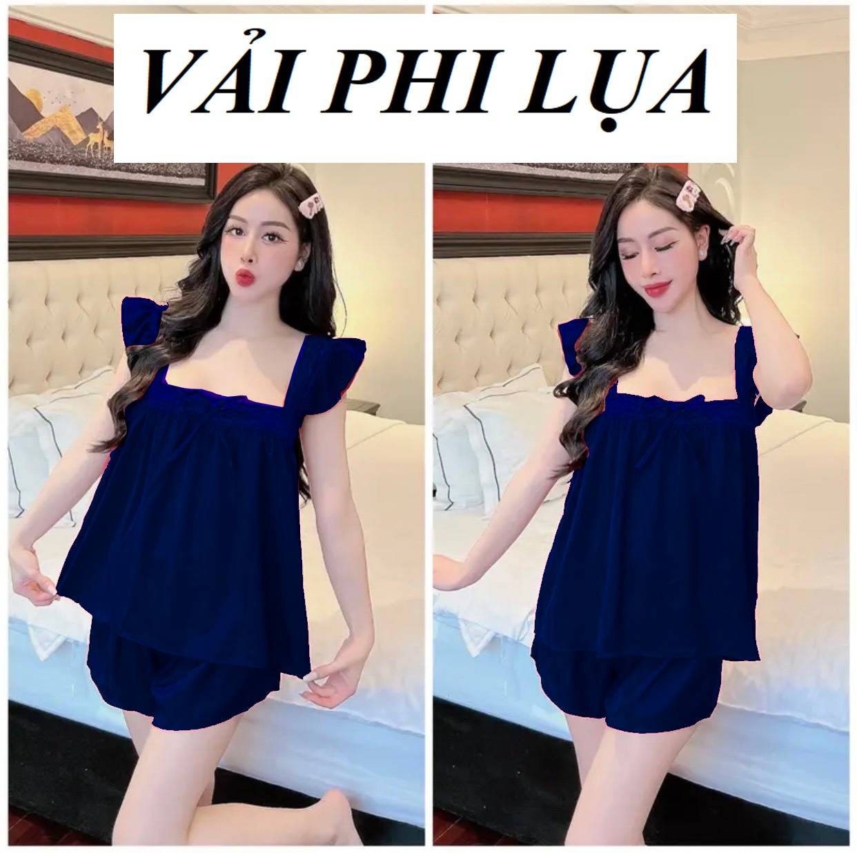 Đồ Bộ Đùi Nữ Mặc Nhà Kiểu Tiểu Thư Phối Ren Vải Phi Lụa Mềm Dưới 60KG