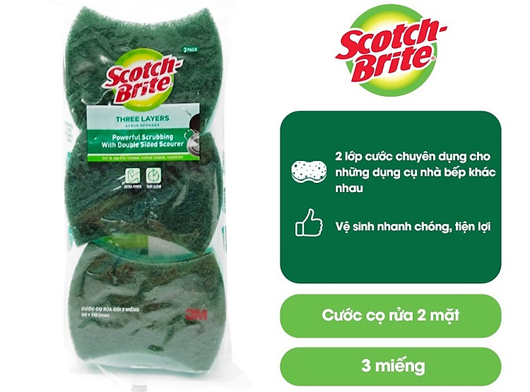 Miếng rửa chén (cước cọ rửa) Scotch Brite 3M 3 lớp, gói 3 miếng