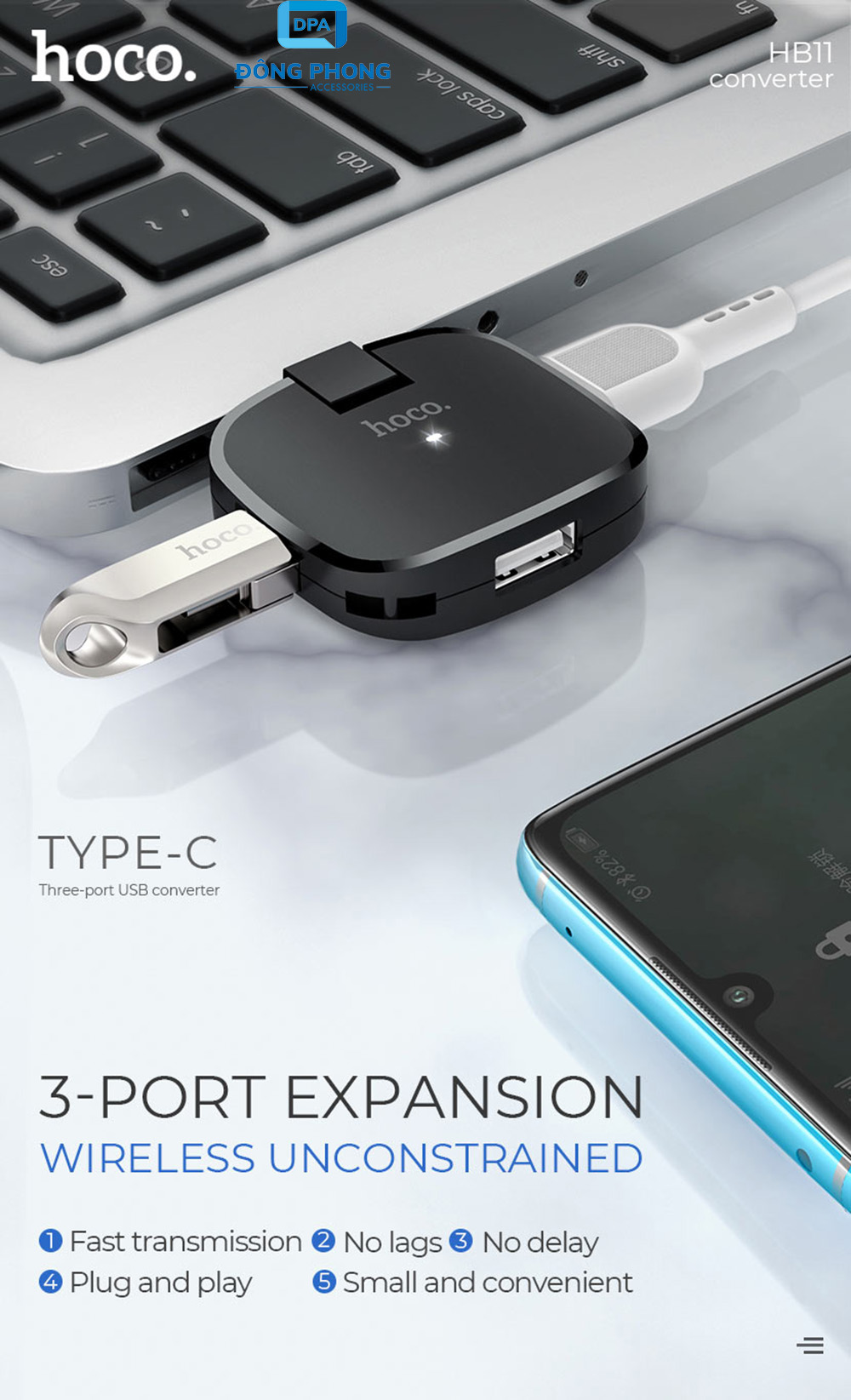 Hub Chuyển Cổng Type C Ra USB Hoco HB11 Chính Hãng