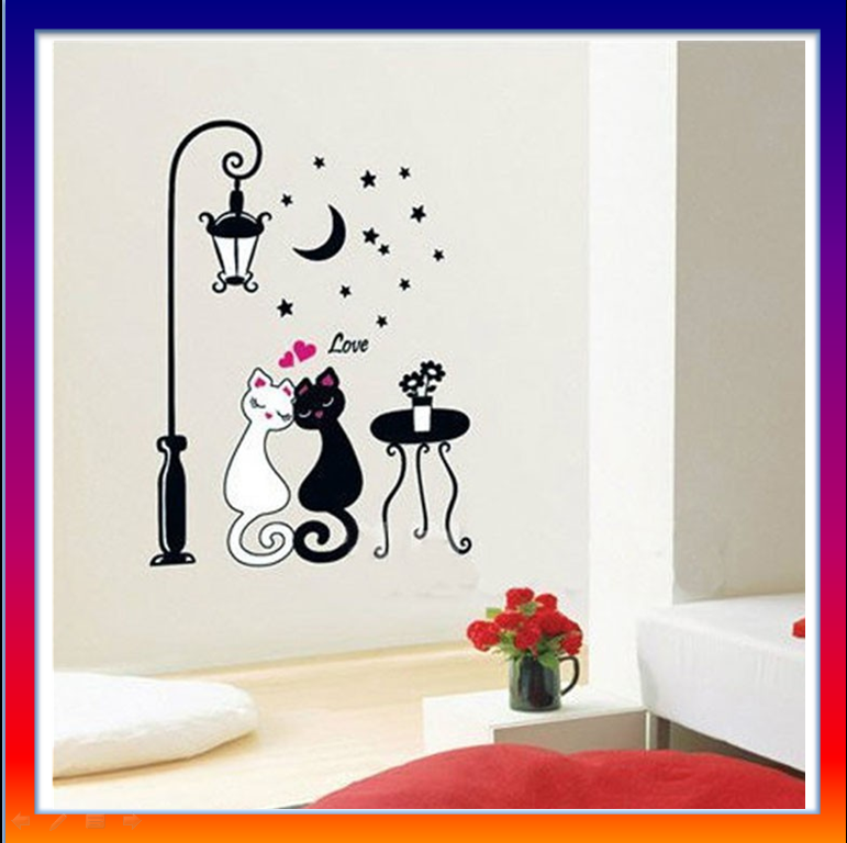 Sticker Decal dán tường hình cặp mèo & đèn phố