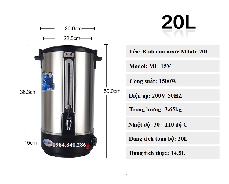 Bình đun nước nóng Milate 20L