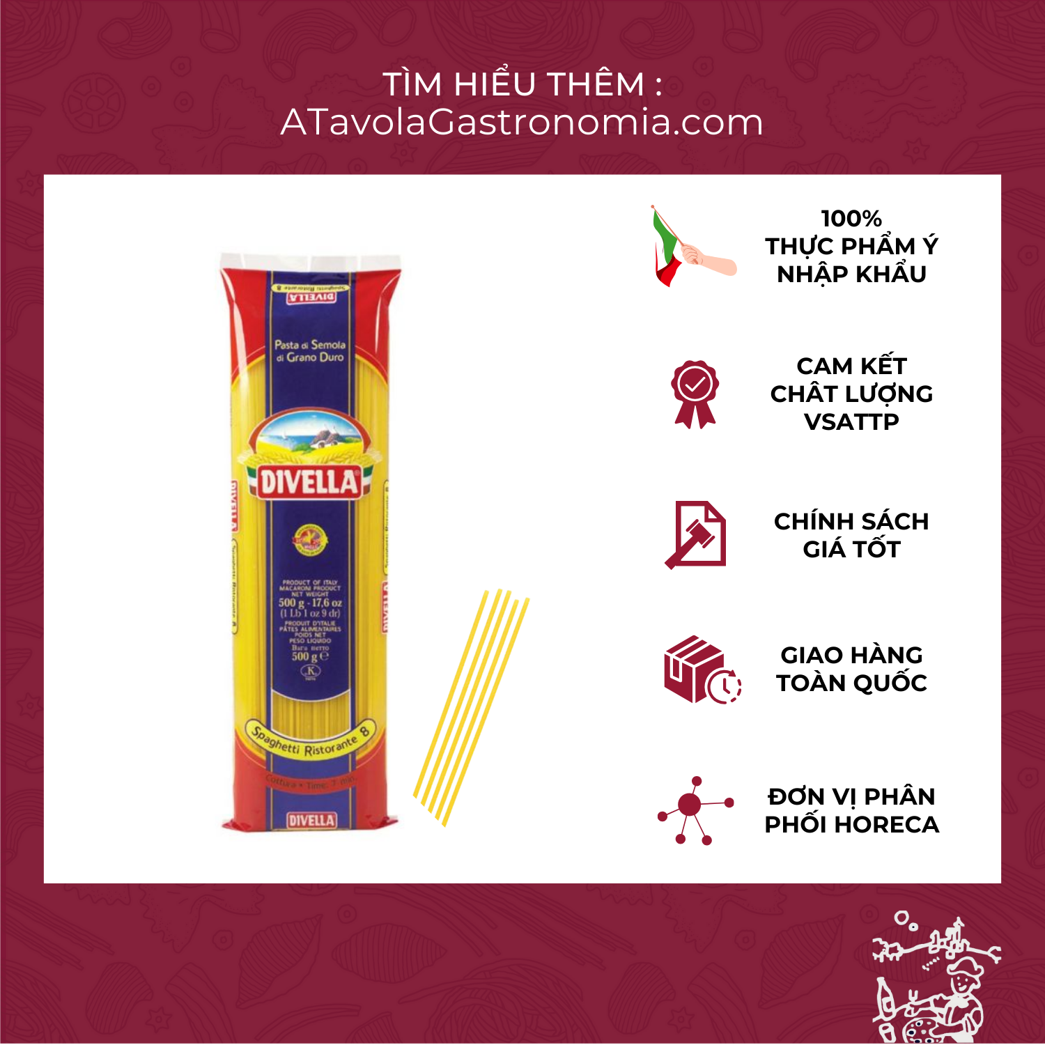 Mì Ý Spaghetti DIVELLA gói 500g [Mỳ Ý Pasta Chính Hãng]