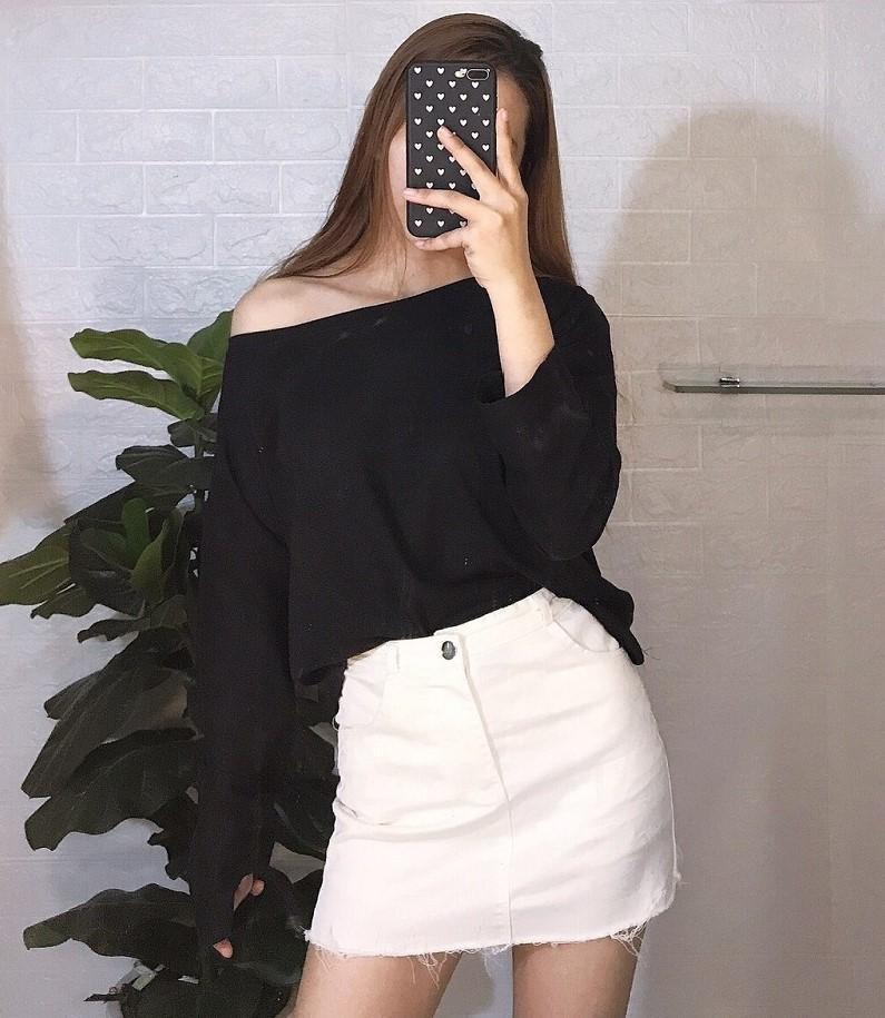 Áo thun nữ form rộng tay dài lệch vai cá tính