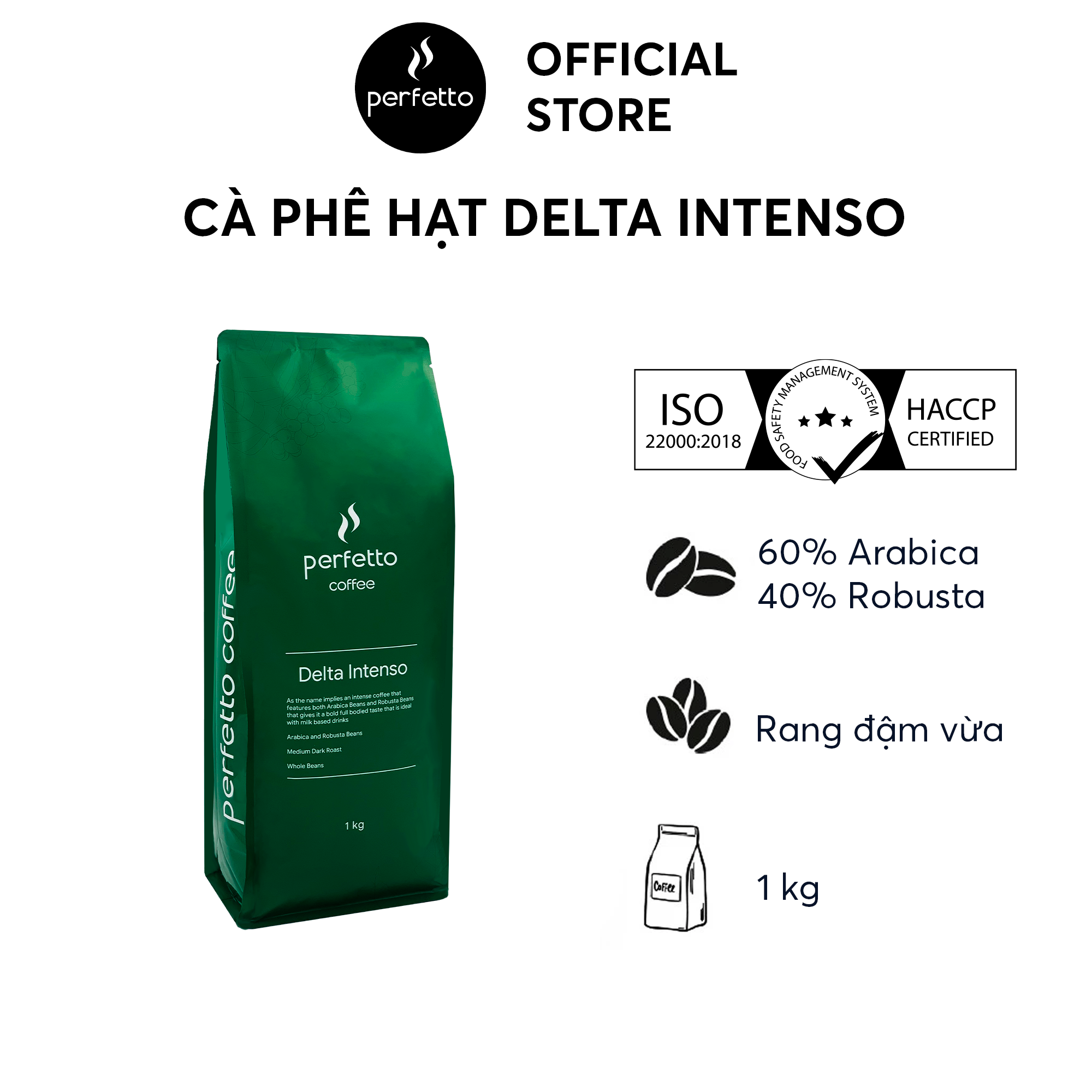 Cà phê hạt Delta Intenso 60% Arabica & 40% Robusta (1000g) - Cà phê hạt nguyên chất 100%