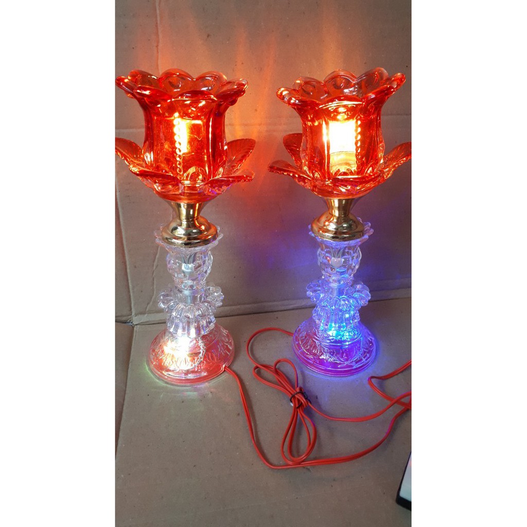 ĐÈN THỜ 1 BÔNG THỦY TINH PHA LÊ ĐỔI MÀU CAO CẤP 30CM 1đôi